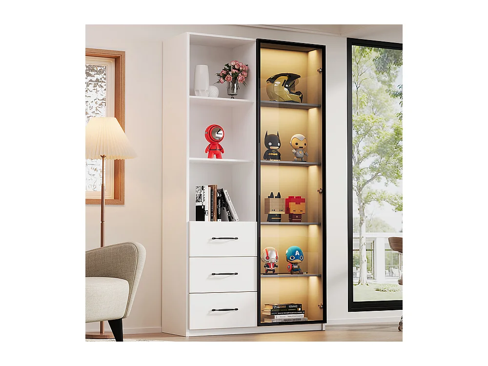 Vitrine LED bibliothèque porte verre trempé LED 3 tiroirs 3 compartiments aluminium LED multicolores charnières douces cuisine