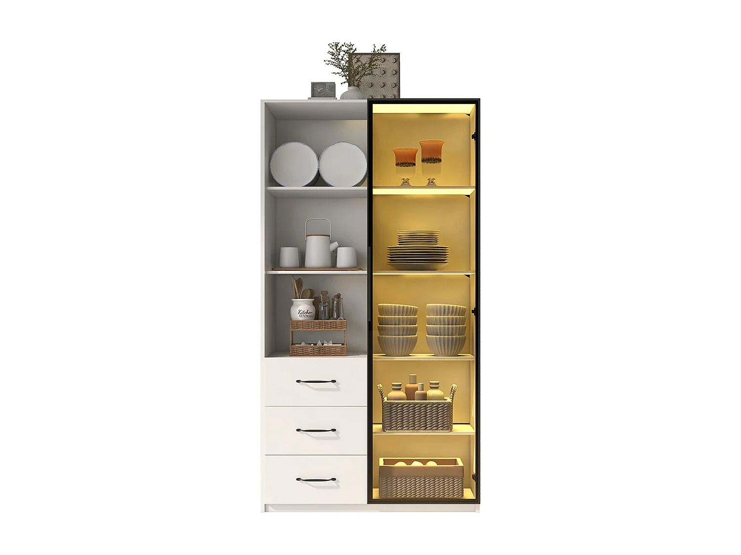 Vitrine LED bibliothèque porte verre trempé LED 3 tiroirs 3 compartiments aluminium LED multicolores charnières douces cuisine