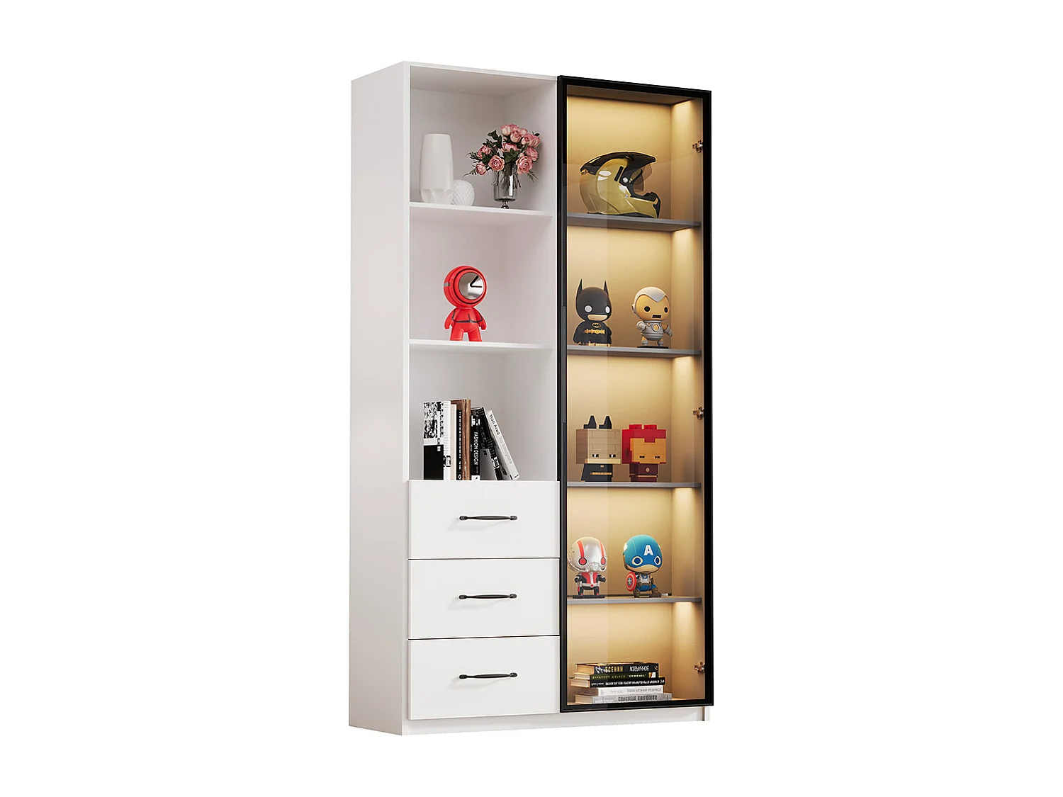 Vitrine LED bibliothèque porte verre trempé LED 3 tiroirs 3 compartiments aluminium LED multicolores charnières douces cuisine