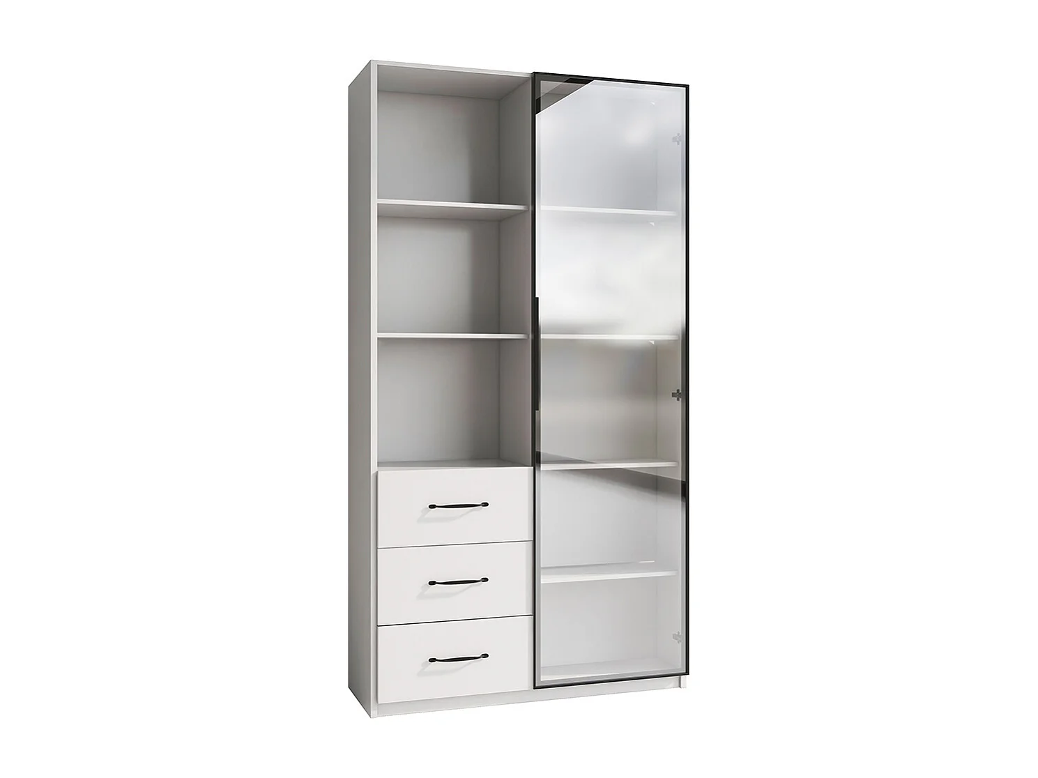 Vitrine LED bibliothèque porte verre trempé LED 3 tiroirs 3 compartiments aluminium LED multicolores charnières douces cuisine