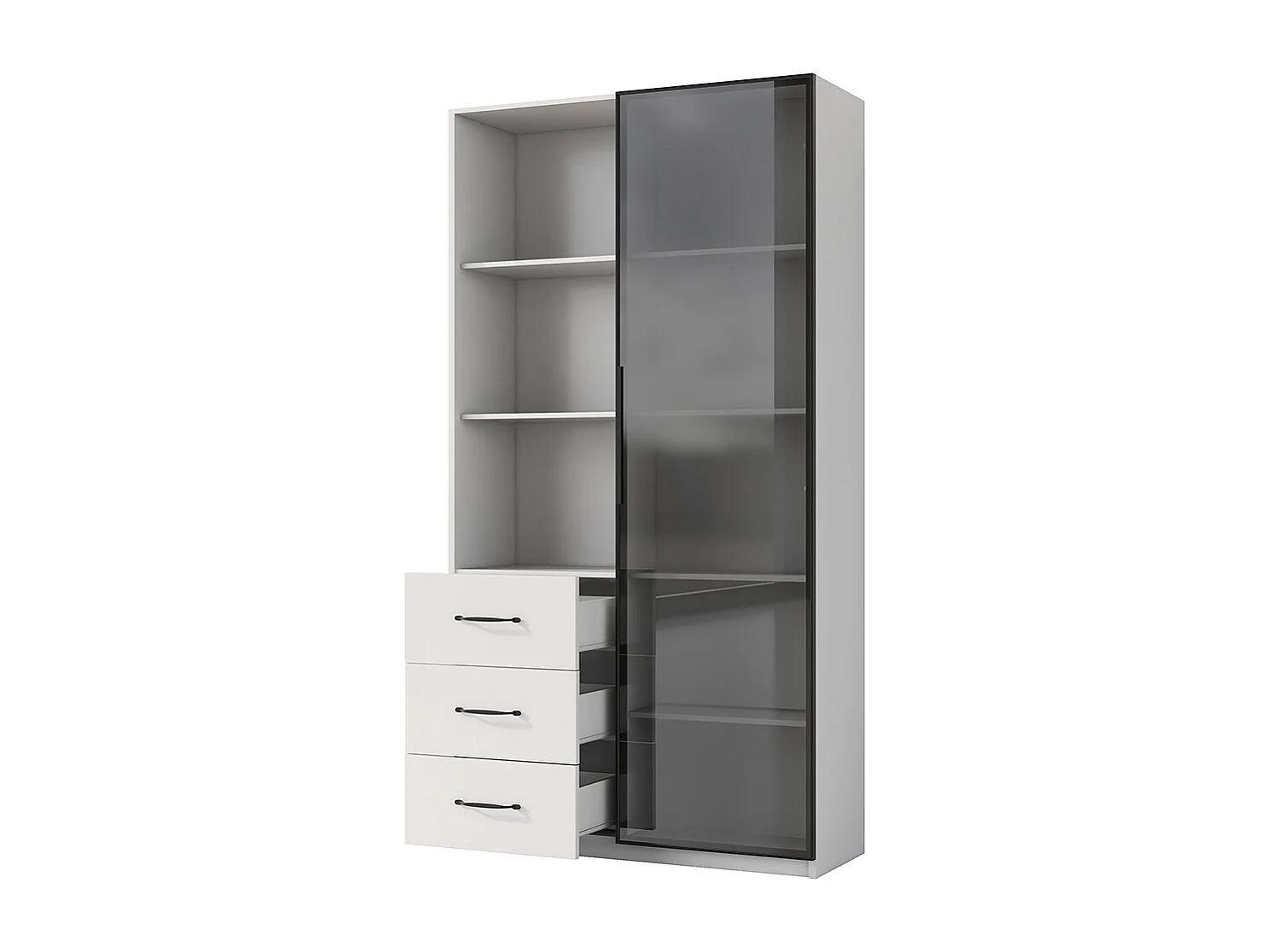 Vitrine LED bibliothèque porte verre trempé LED 3 tiroirs 3 compartiments aluminium LED multicolores charnières douces cuisine
