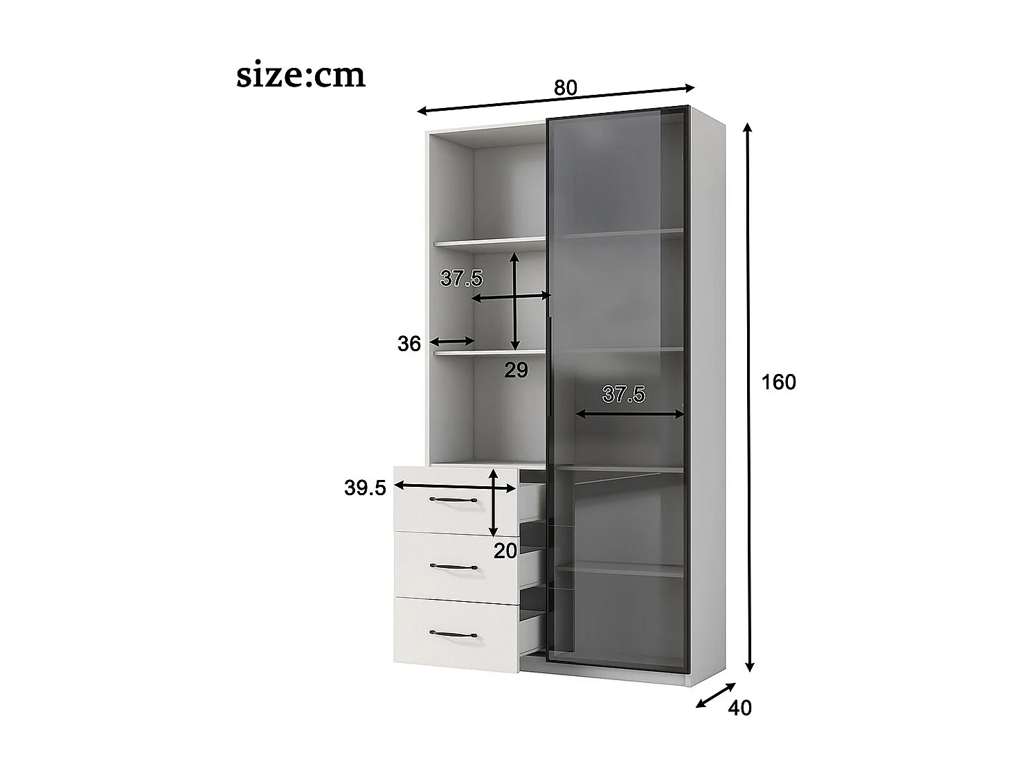 Vitrine LED bibliothèque porte verre trempé LED 3 tiroirs 3 compartiments aluminium LED multicolores charnières douces cuisine
