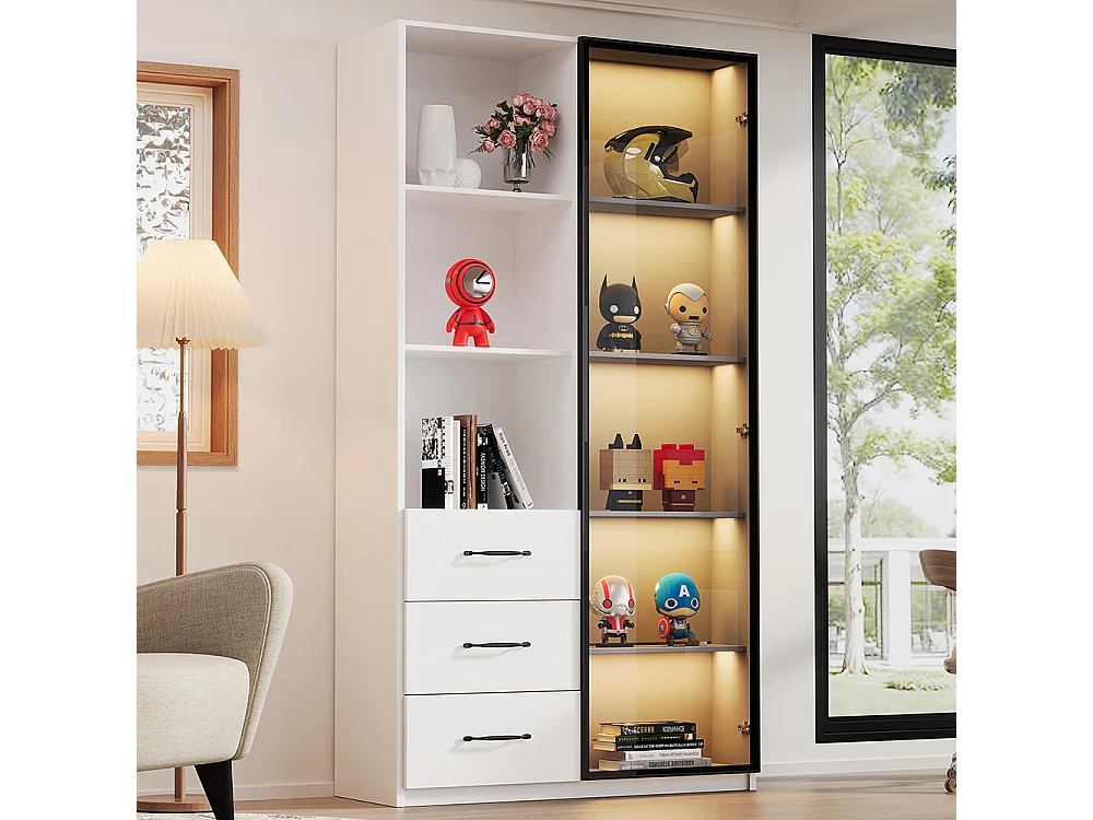 Vitrine LED bibliothèque porte verre trempé LED 3 tiroirs 3 compartiments aluminium LED multicolores charnières douces cuisine
