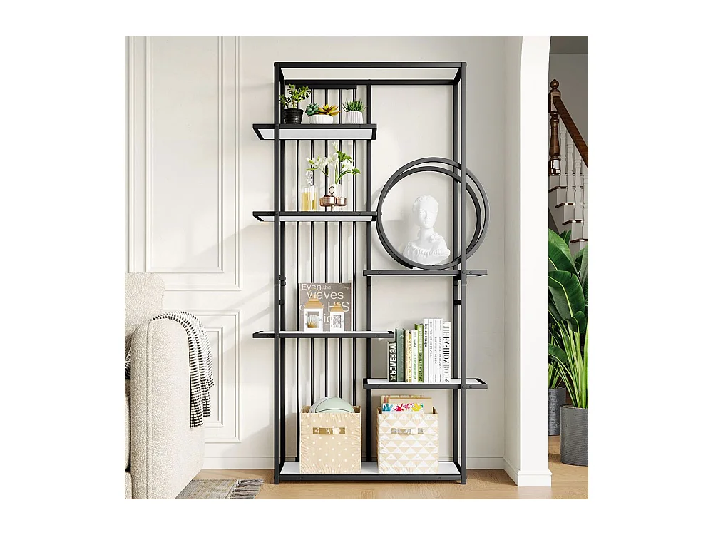 Étagère métallique tube d'acier solide structure géométrique design à plusieurs niveaux décoration ronde blanc + noir