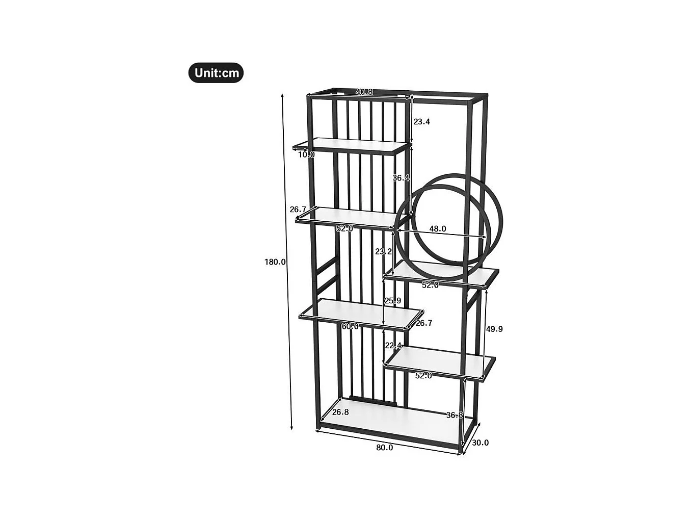 Étagère métallique tube d'acier solide structure géométrique design à plusieurs niveaux décoration ronde blanc + noir