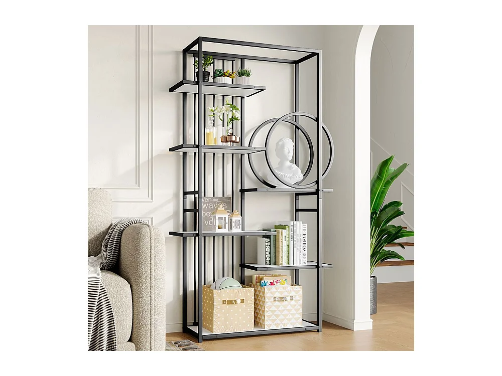 Étagère métallique tube d'acier solide structure géométrique design à plusieurs niveaux décoration ronde blanc + noir