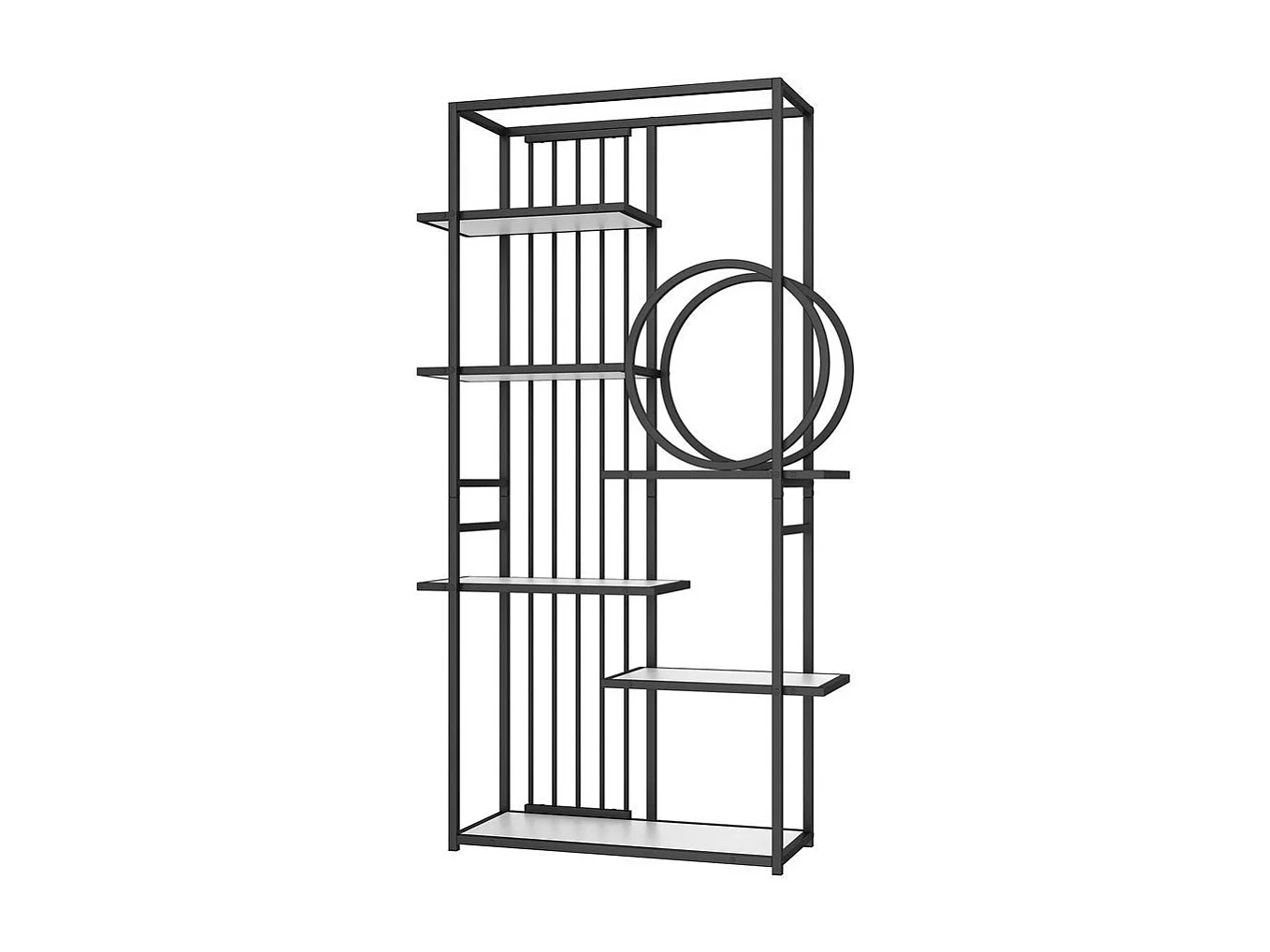 Étagère métallique tube d'acier solide structure géométrique design à plusieurs niveaux décoration ronde blanc + noir
