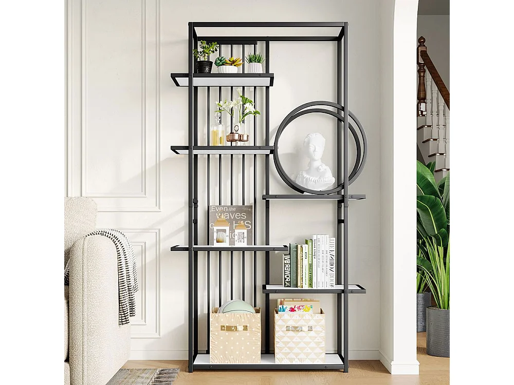 Étagère métallique tube d'acier solide structure géométrique design à plusieurs niveaux décoration ronde blanc + noir