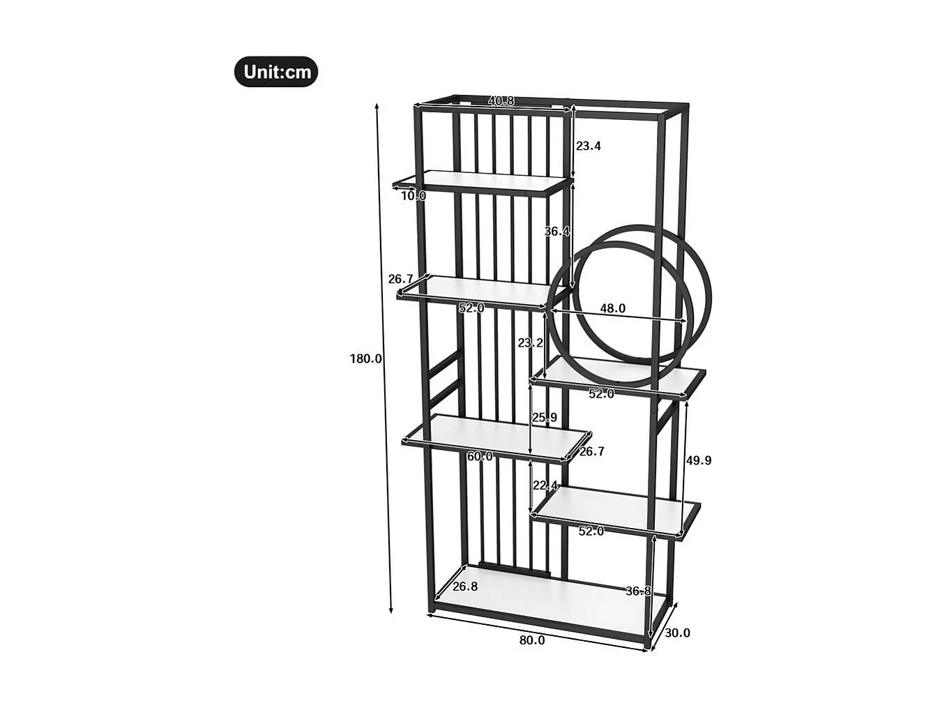 Étagère métallique tube d'acier solide structure géométrique design à plusieurs niveaux décoration ronde blanc + noir