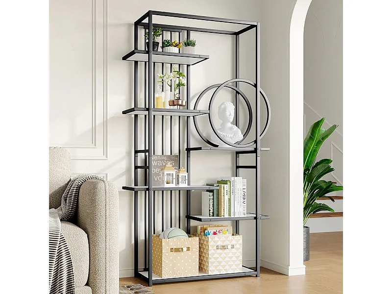 Étagère métallique tube d'acier solide structure géométrique design à plusieurs niveaux décoration ronde blanc + noir