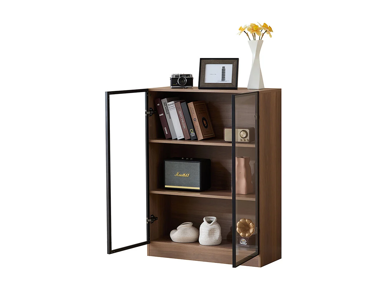 Vitrine verre éclairage noir 3 étagères salon marron