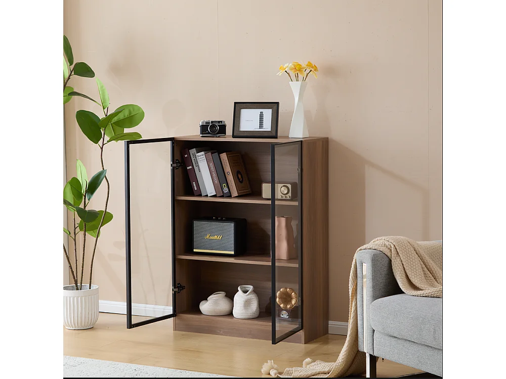 Vitrine verre éclairage noir 3 étagères salon marron