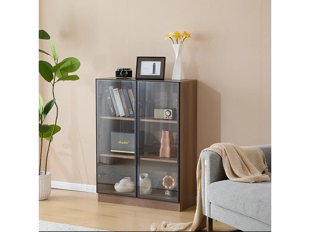 Vitrine verre éclairage noir 3 étagères salon marron