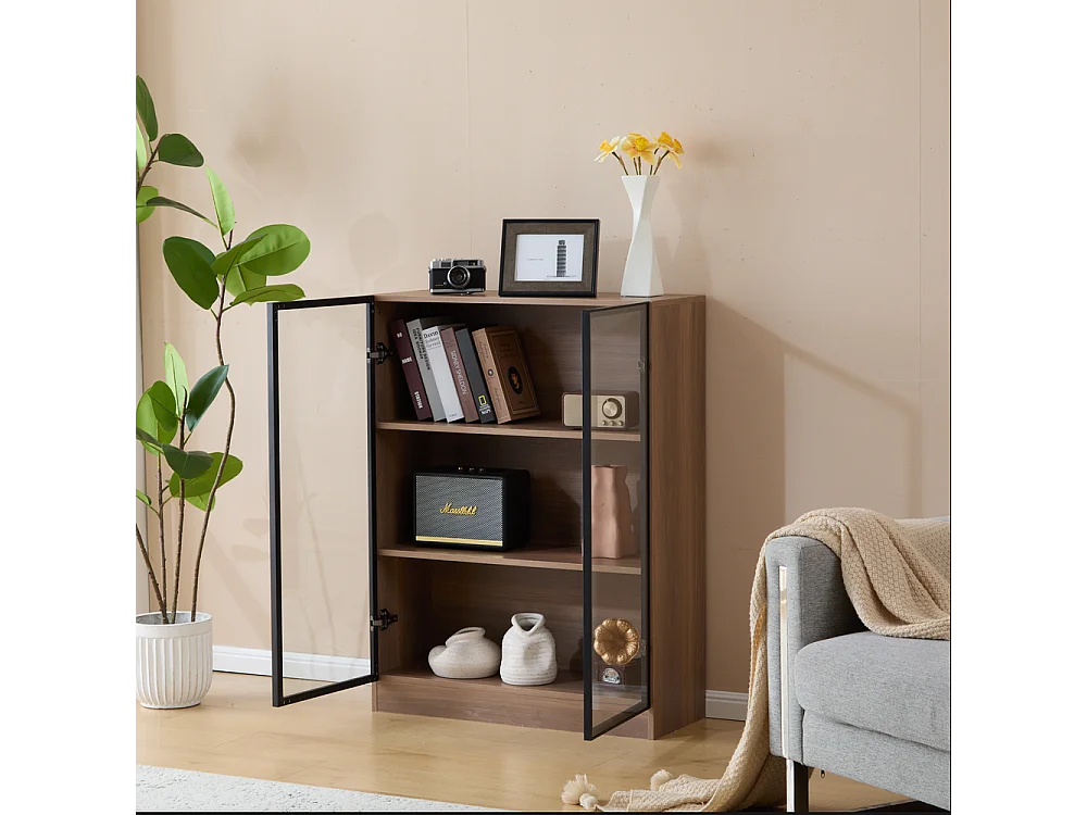 Vitrine verre éclairage noir 3 étagères salon marron