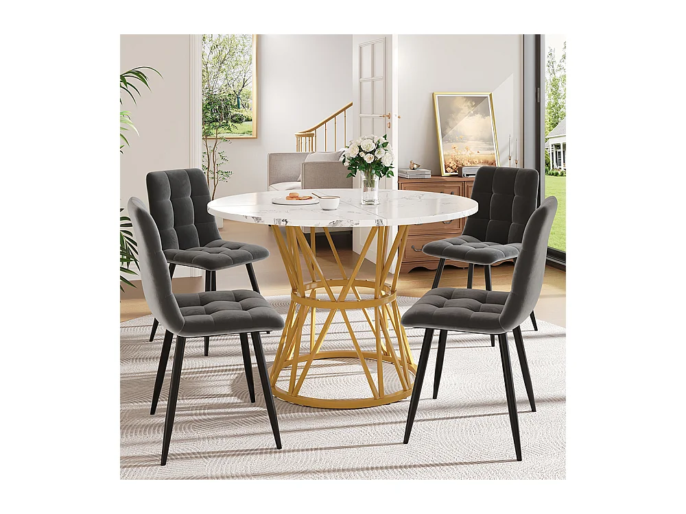 Ensemble table à manger 5 pièces 4 chaises moderne table ronde 100cm pieds métal plateau marbré chaises velours gris