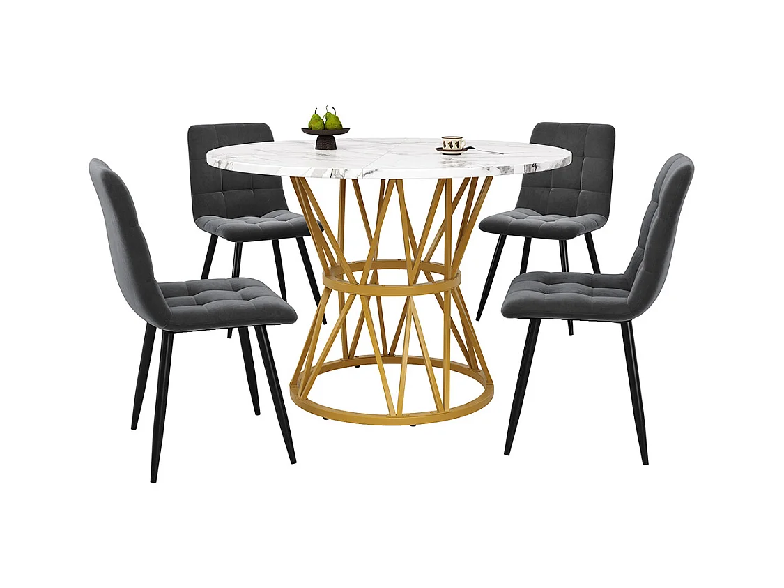 Ensemble table à manger 5 pièces 4 chaises moderne table ronde 100cm pieds métal plateau marbré chaises velours gris