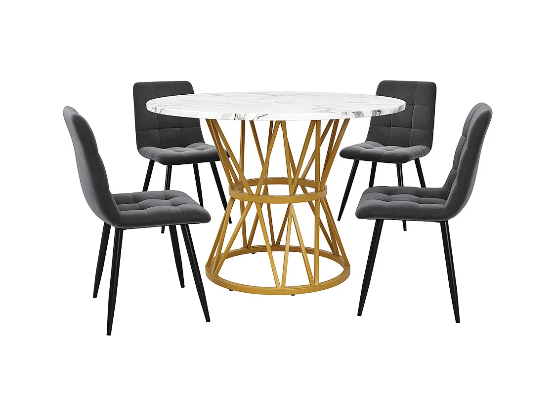 Ensemble table à manger 5 pièces 4 chaises moderne table ronde 100cm pieds métal plateau marbré chaises velours gris