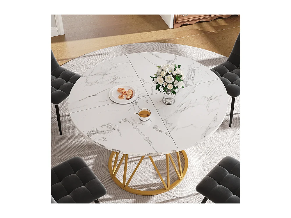 Ensemble table à manger 5 pièces 4 chaises moderne table ronde 100cm pieds métal plateau marbré chaises velours gris