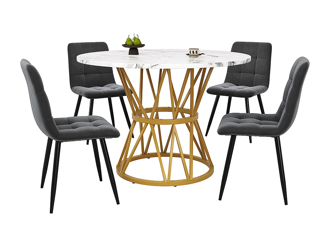 Ensemble table à manger 5 pièces 4 chaises moderne table ronde 100cm pieds métal plateau marbré chaises velours gris