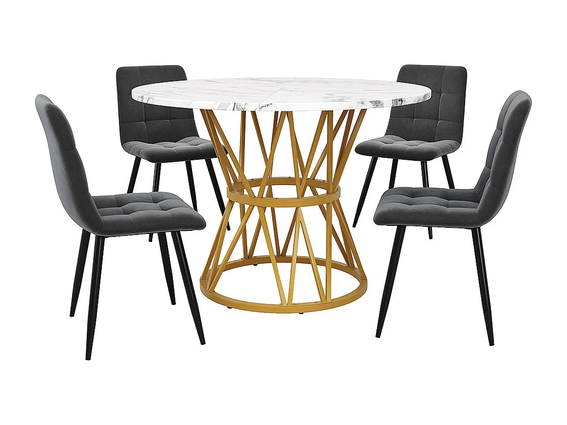 Ensemble table à manger 5 pièces 4 chaises moderne table ronde 100cm pieds métal plateau marbré chaises velours gris