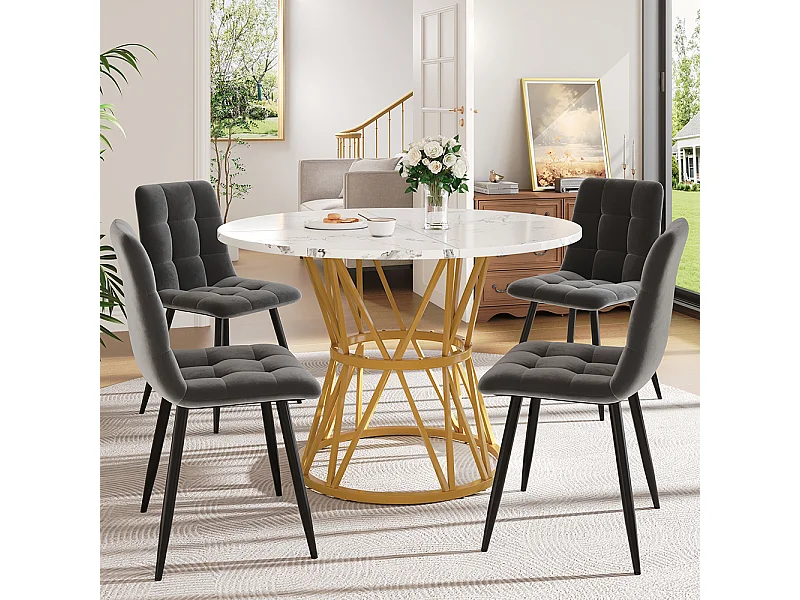 Ensemble table à manger 5 pièces 4 chaises moderne table ronde 100cm pieds métal plateau marbré chaises velours gris