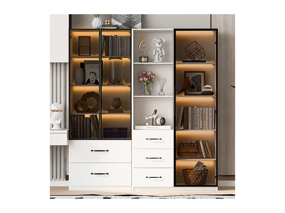 Vitrine LED armoire multifonction compartiments verre ouverts charnières douces LED multicolore étanche poussière