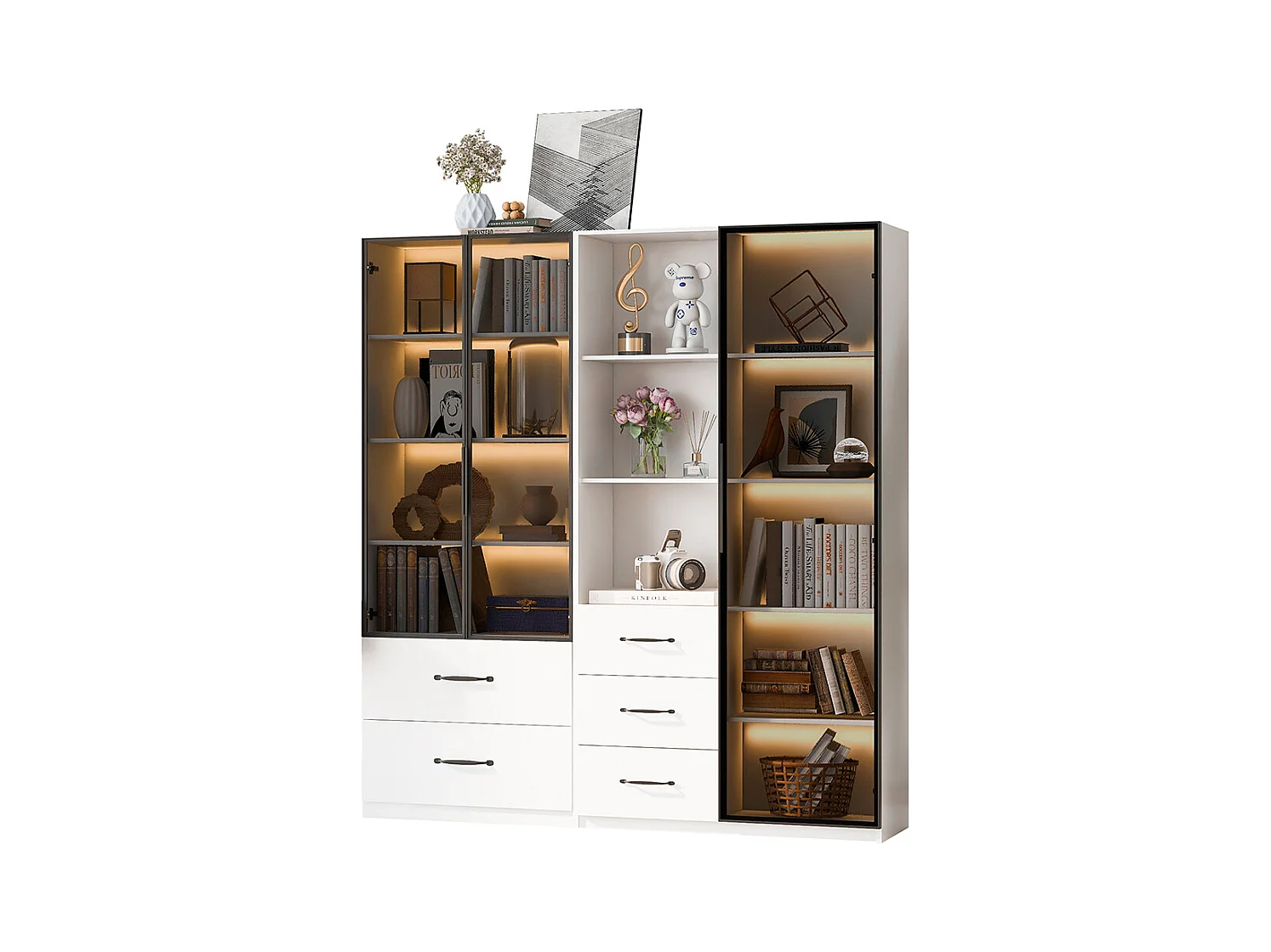 Vitrine LED armoire multifonction compartiments verre ouverts charnières douces LED multicolore étanche poussière