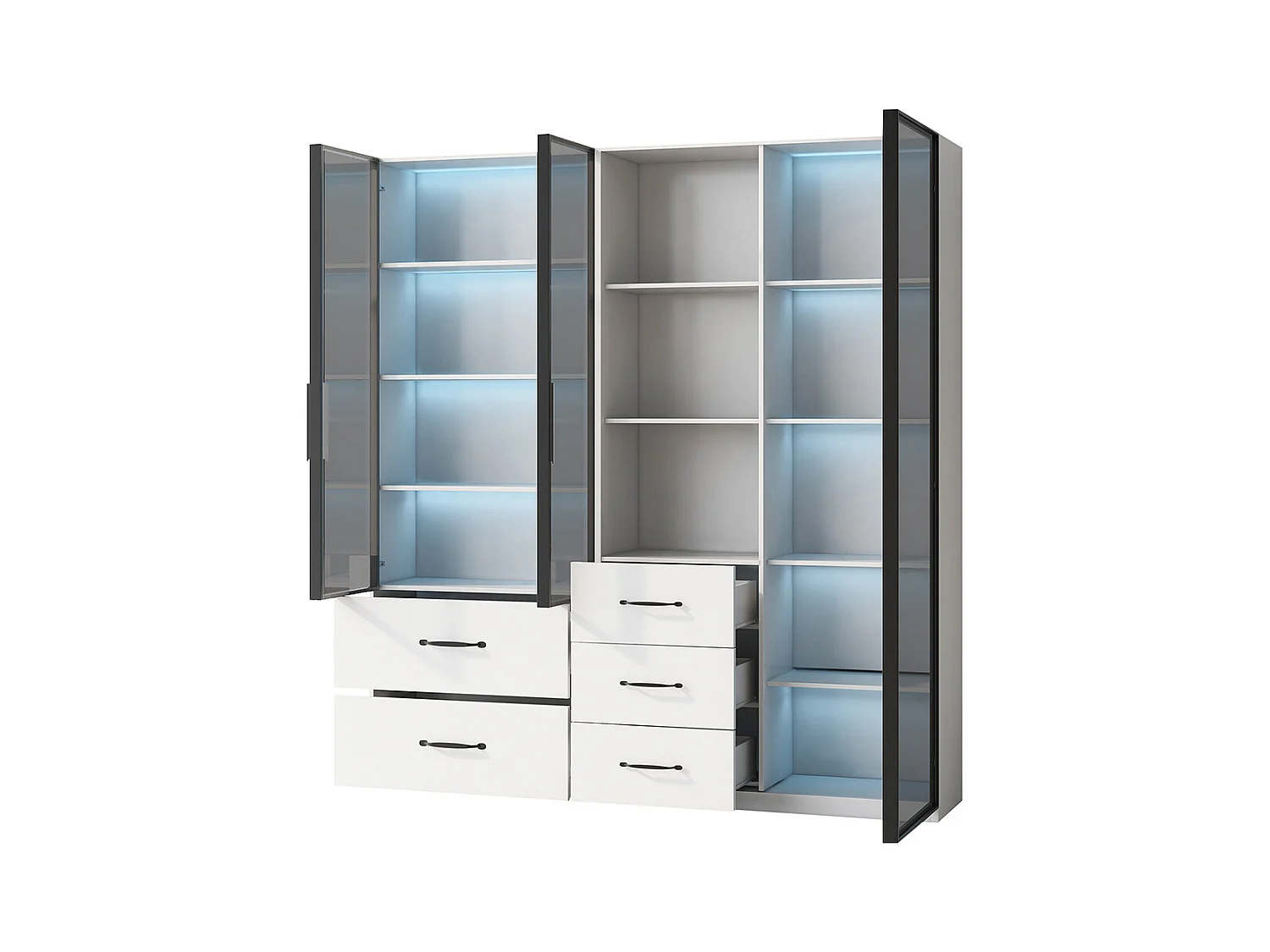 Vitrine LED armoire multifonction compartiments verre ouverts charnières douces LED multicolore étanche poussière