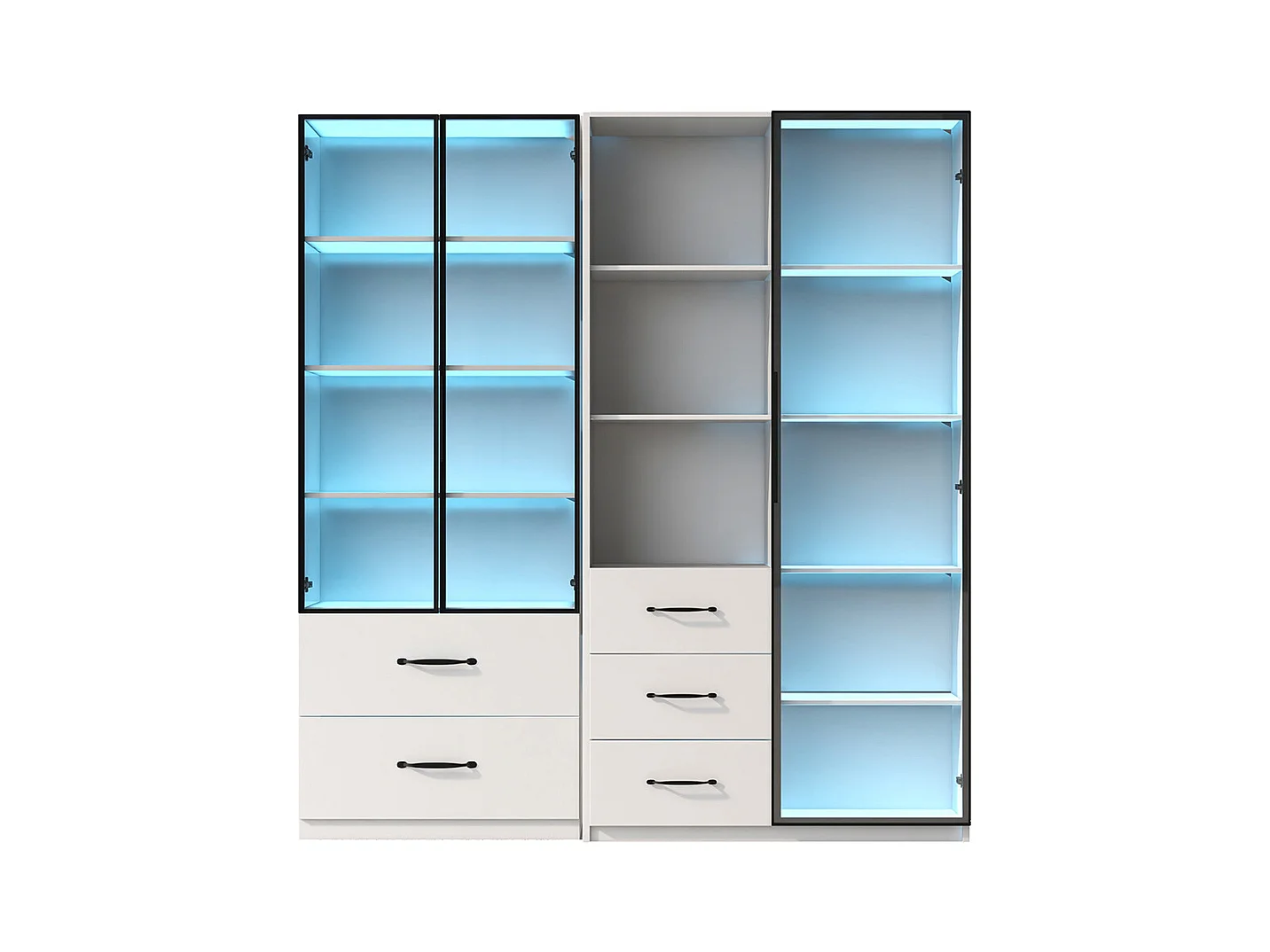 Vitrine LED armoire multifonction compartiments verre ouverts charnières douces LED multicolore étanche poussière