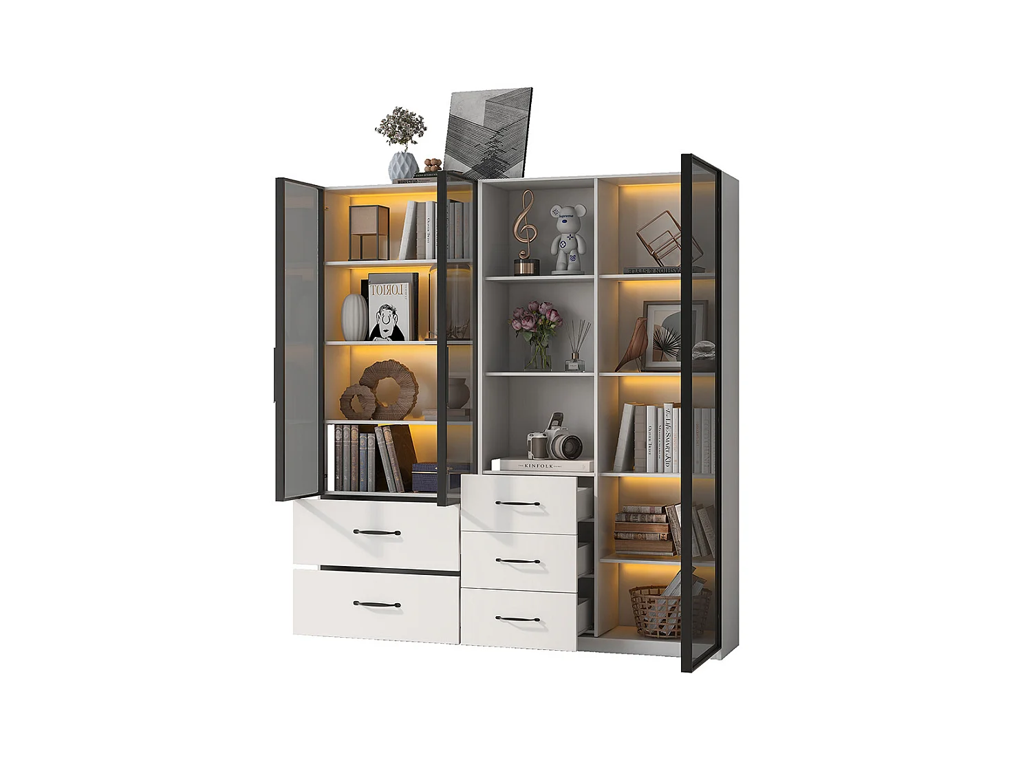 Vitrine LED armoire multifonction compartiments verre ouverts charnières douces LED multicolore étanche poussière