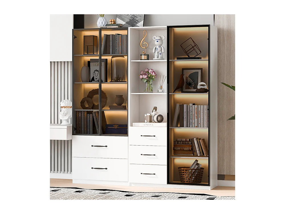 Vitrine LED armoire multifonction compartiments verre ouverts charnières douces LED multicolore étanche poussière