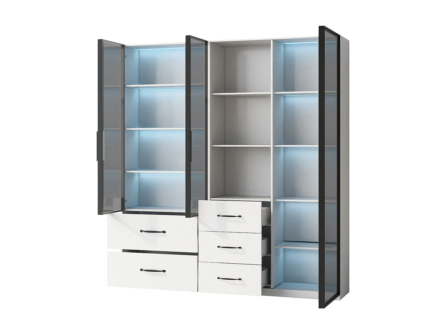 Vitrine LED armoire multifonction compartiments verre ouverts charnières douces LED multicolore étanche poussière