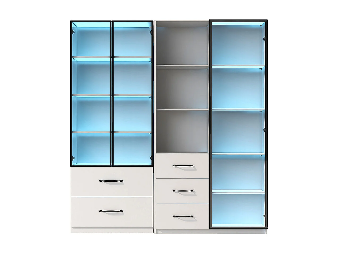 Vitrine LED armoire multifonction compartiments verre ouverts charnières douces LED multicolore étanche poussière