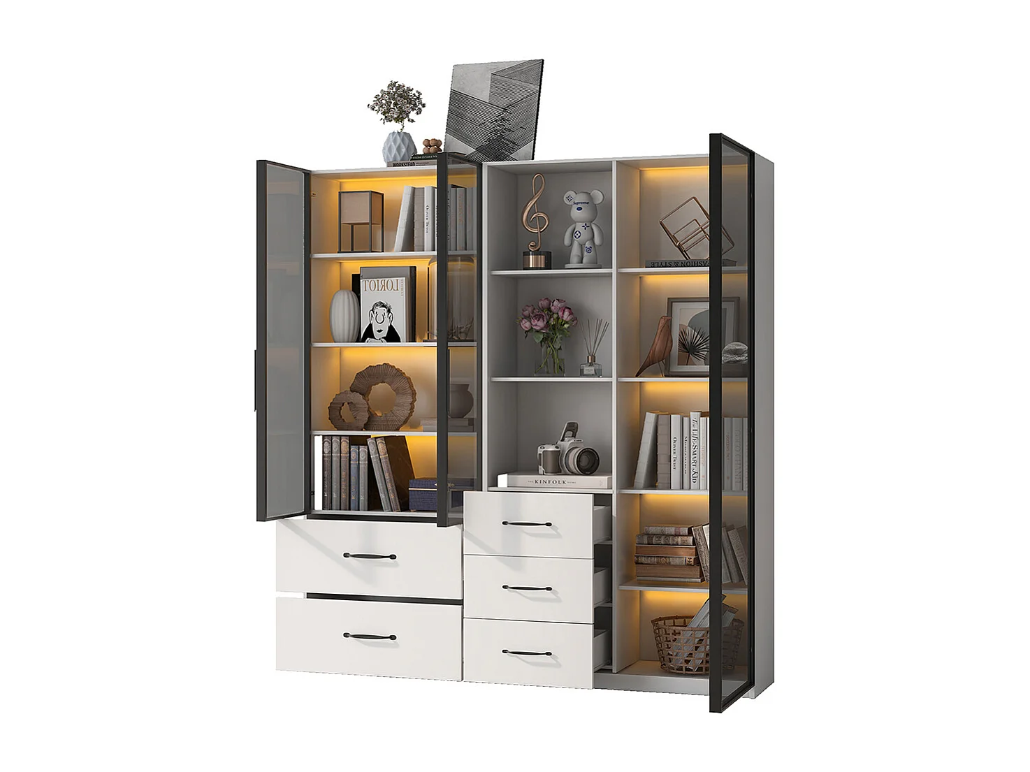 Vitrine LED armoire multifonction compartiments verre ouverts charnières douces LED multicolore étanche poussière