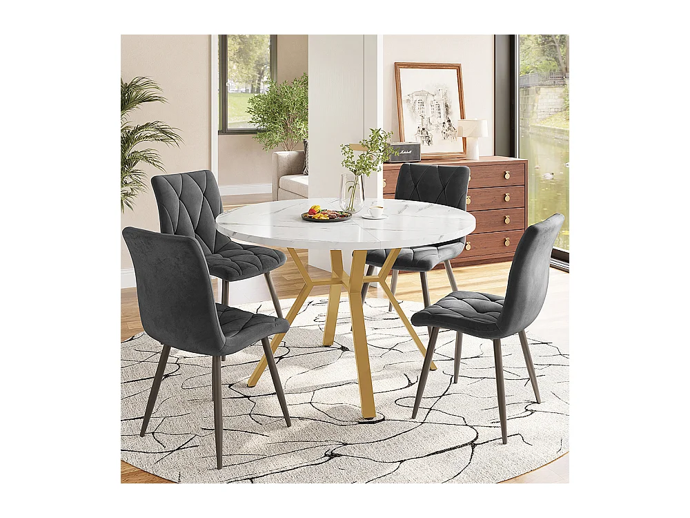 Ensemble table à manger 5 pièces table ronde marbre moderne pieds dorés 4 chaises ergonomiques velours gris