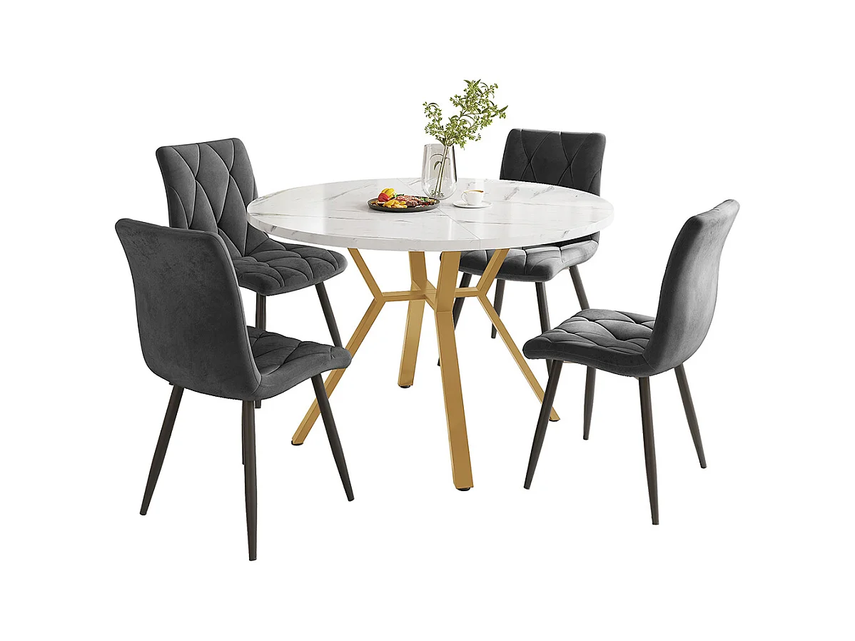 Ensemble table à manger 5 pièces table ronde marbre moderne pieds dorés 4 chaises ergonomiques velours gris