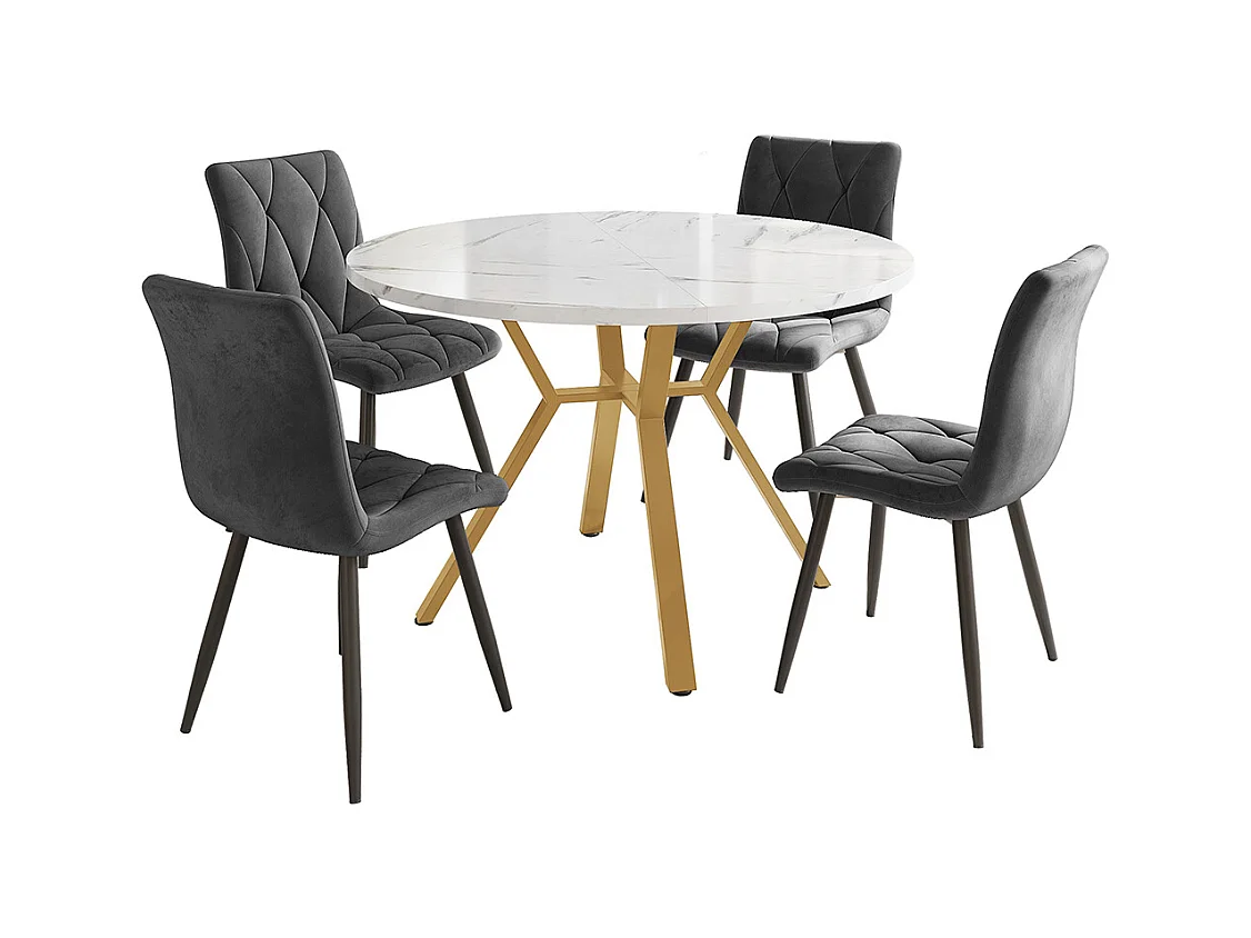 Ensemble table à manger 5 pièces table ronde marbre moderne pieds dorés 4 chaises ergonomiques velours gris
