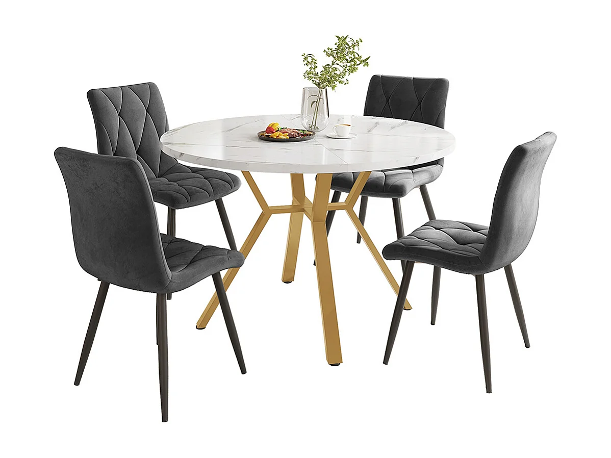 Ensemble table à manger 5 pièces table ronde marbre moderne pieds dorés 4 chaises ergonomiques velours gris