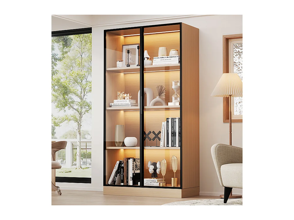 Vitrine verre chêne bois LED portes verre trempé éclairage étagères bibliothèque vin salle bain
