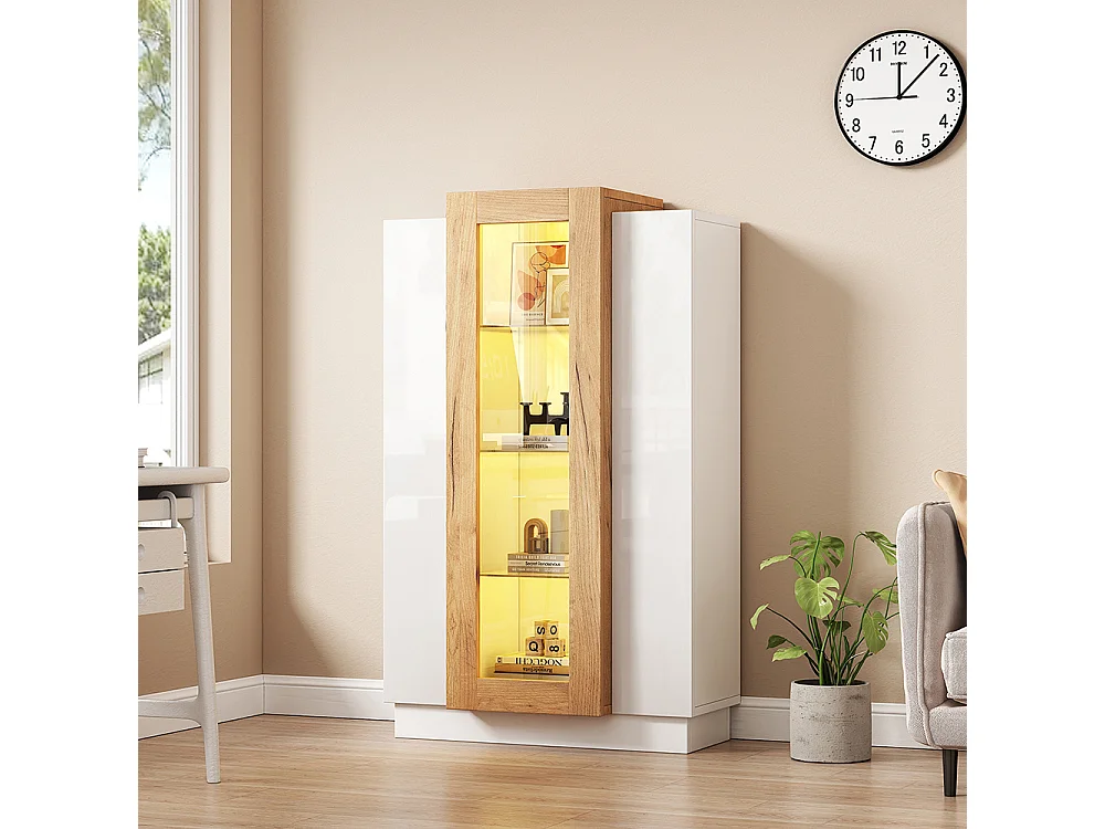 Vitrinekast 74x40x120 cm 3 transparante deuren LED glazen planken lade 120 cm