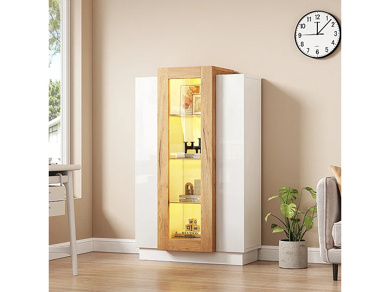 Vitrinekast 74x40x120 cm 3 transparante deuren LED glazen planken lade 120 cm