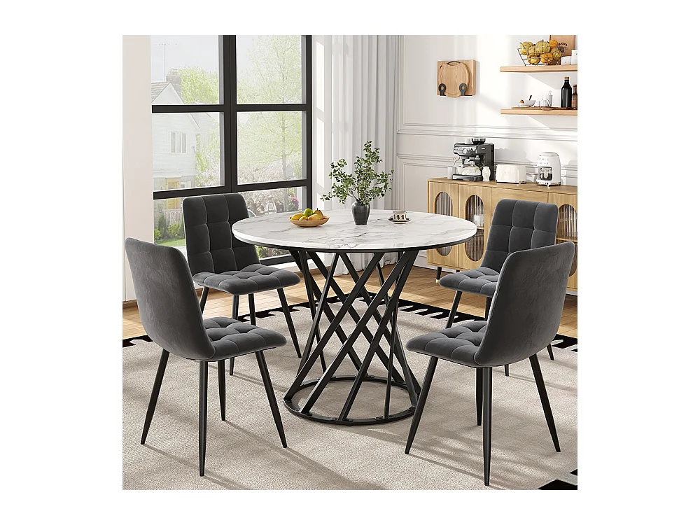 Ensemble table à manger 5 pièces moderne table ronde 80cm pieds noir plateau blanc chaises velours