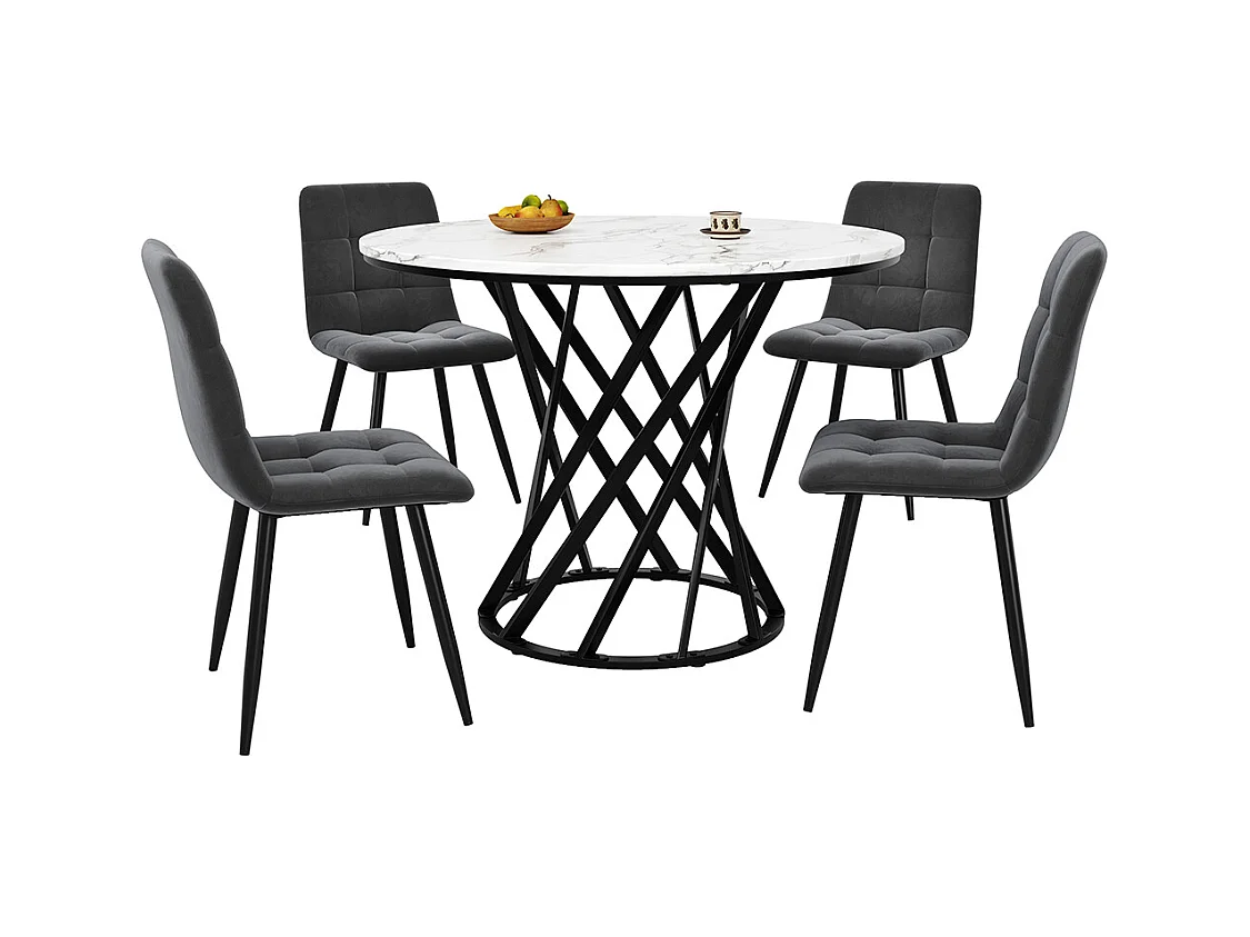Ensemble table à manger 5 pièces moderne table ronde 80cm pieds noir plateau blanc chaises velours