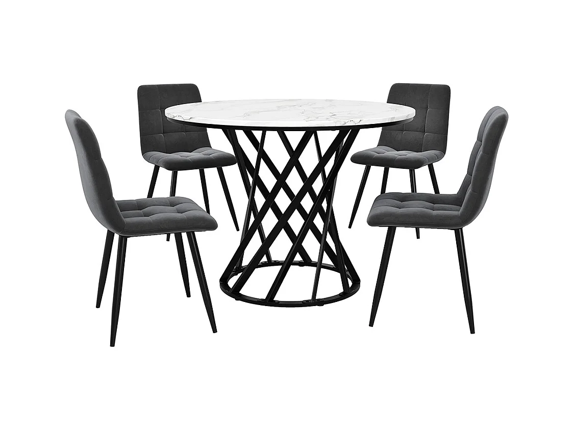 Ensemble table à manger 5 pièces moderne table ronde 80cm pieds noir plateau blanc chaises velours