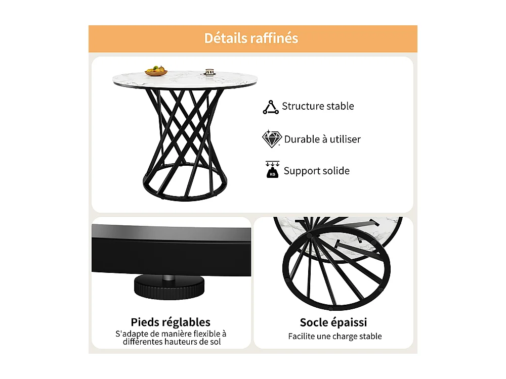 Ensemble table à manger 5 pièces moderne table ronde 80cm pieds noir plateau blanc chaises velours