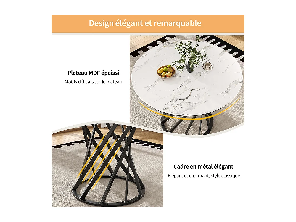 Ensemble table à manger 5 pièces moderne table ronde 80cm pieds noir plateau blanc chaises velours