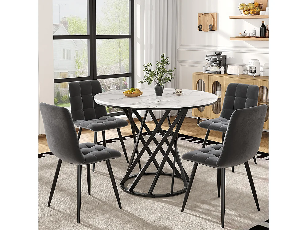 Ensemble table à manger 5 pièces moderne table ronde 80cm pieds noir plateau blanc chaises velours