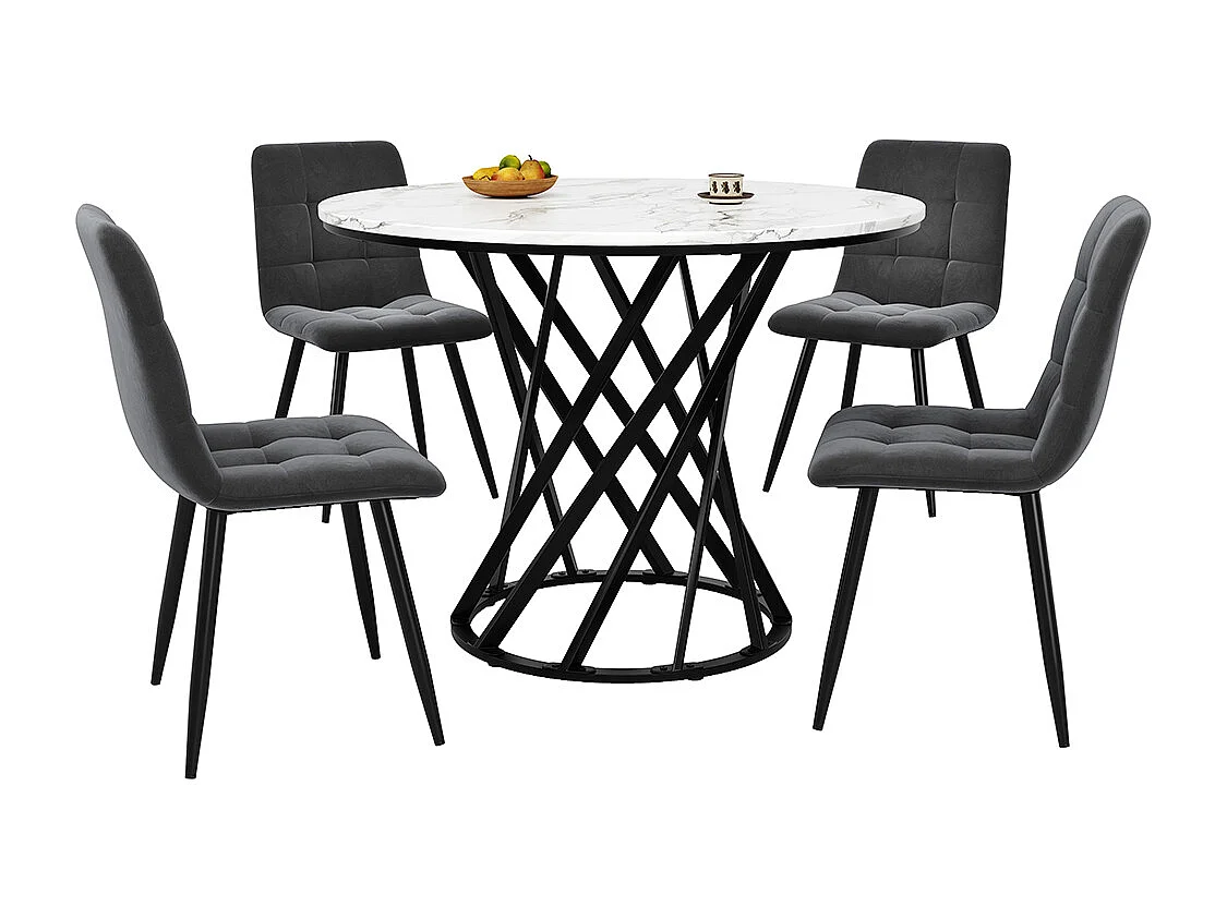 Ensemble table à manger 5 pièces moderne table ronde 80cm pieds noir plateau blanc chaises velours