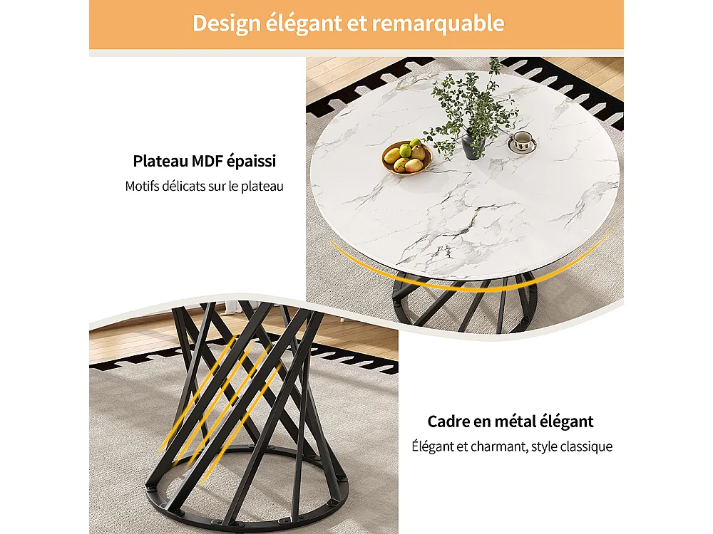 Ensemble table à manger 5 pièces moderne table ronde 80cm pieds noir plateau blanc chaises velours