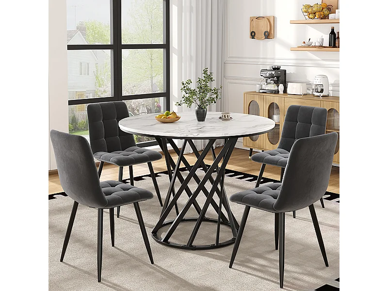 Ensemble table à manger 5 pièces moderne table ronde 80cm pieds noir plateau blanc chaises velours